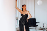 black off-the-shoulder wedding dress